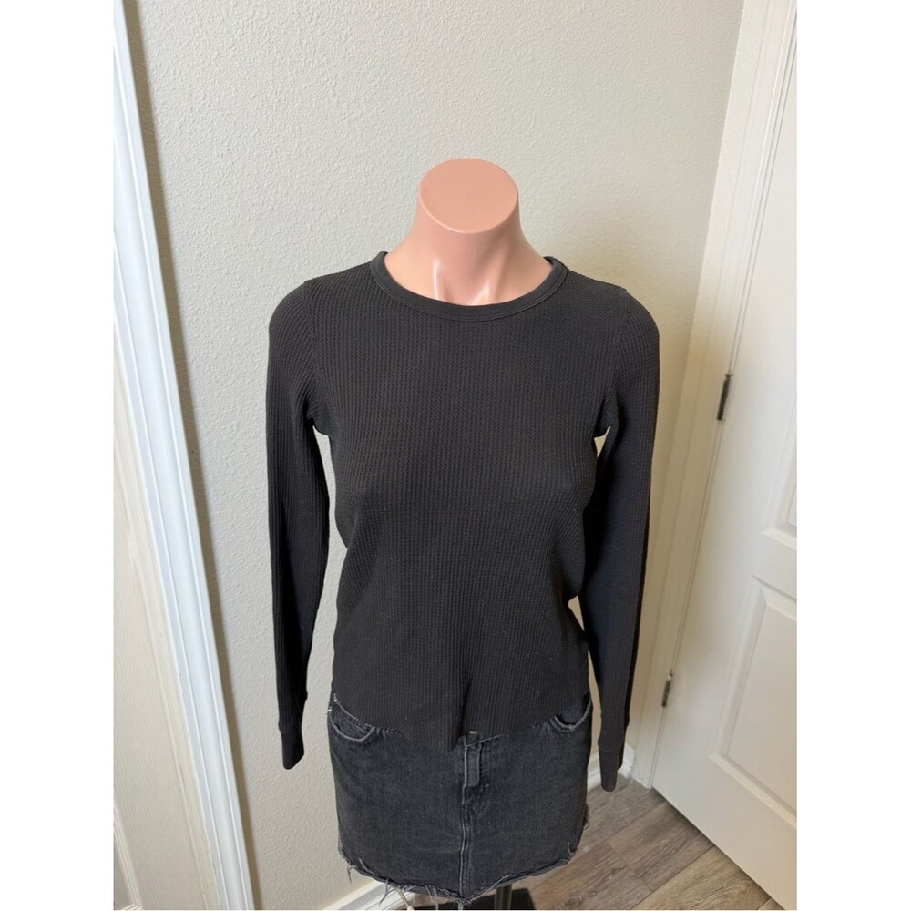 American Eagle Classic Black Long-Sleeve Waffle Knit Top - Black Sz S